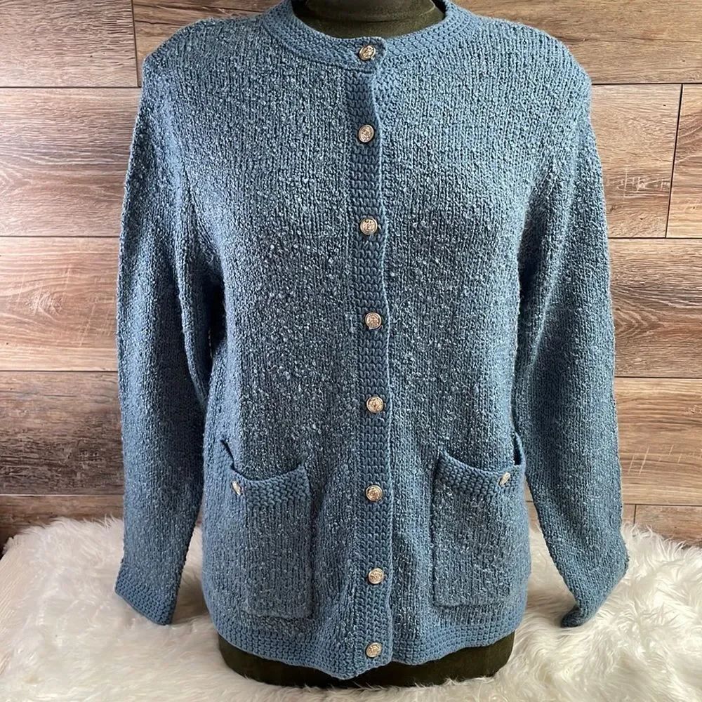 Blair Ladies Button Up Long Sleeve Knotty Knit Sweater Size Medium Blue Vintage
